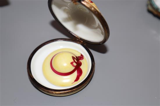 Two hat shaped pill boxes, one Limoges and an early 19th century English enamelled patch box